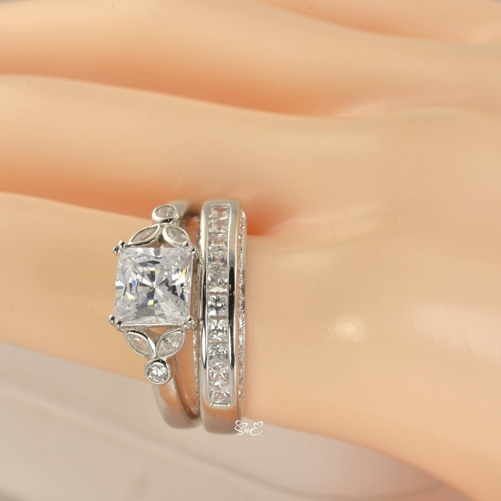 NEW 925 STERLING SILVER ENGAGEMENT RING WEDDING RING DIAMOND SET - Picture 5 of 6